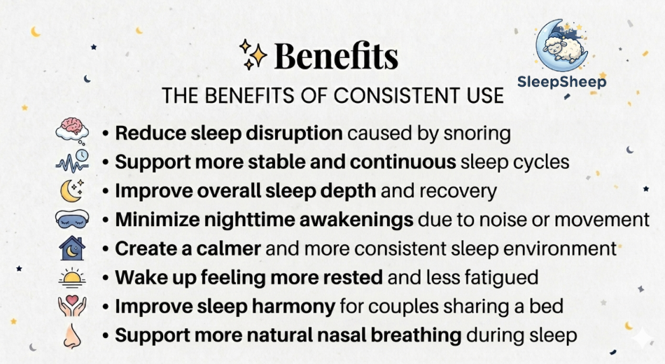 SleepSheep Anti-Snoring Couple System benefits chart showing improved sleep quality and reduced snoring for couples.