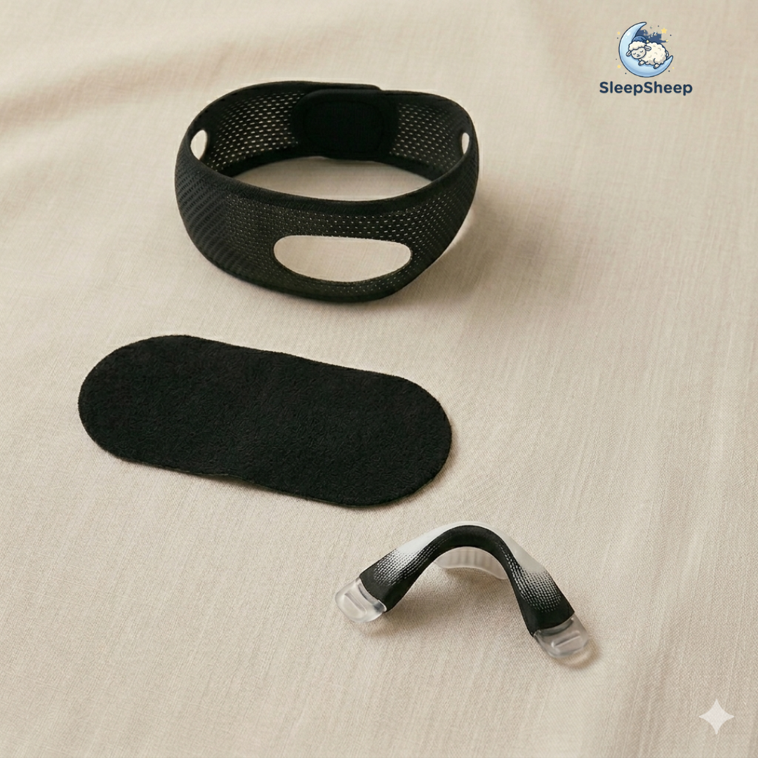 Two SleepSheep Anti-Snoring Couple System packs with white sleep masks and nasal strips for improved sleep comfort.